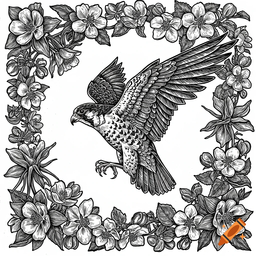 A linocut illustration of a falcon in flight, framed by a border of columbines and apple blossoms.