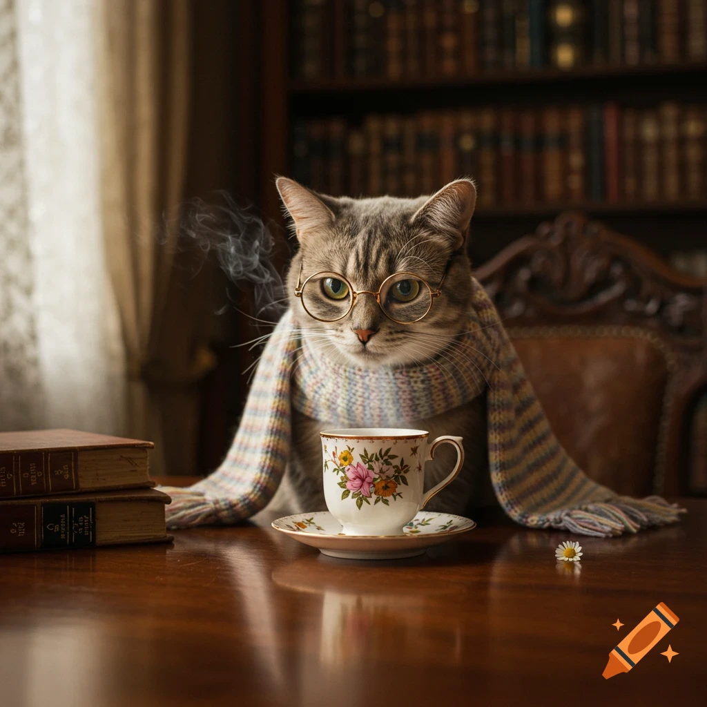 A photorealistic cat in tiny round glasses and a striped scarf sits at a wooden table with a floral teacup and books.