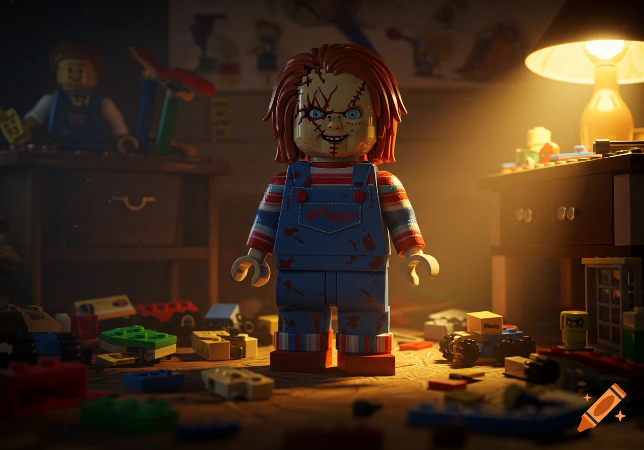 A Lego Chucky figure stands menacingly on a cluttered floor among other Lego bricks, illuminated by a warm lamp light in a child's room.
