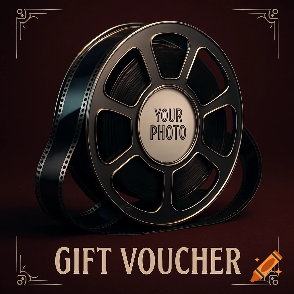 A classic film reel with 'YOUR PHOTO' in the center and 'GIFT VOUCHER' text below, all on a dark background with elegant corner decorations.