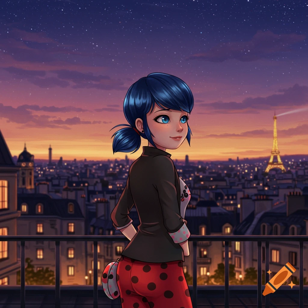 Anime girl on a Parisian rooftop balcony at twilight, looking out at the city skyline with the illuminated Eiffel Tower.