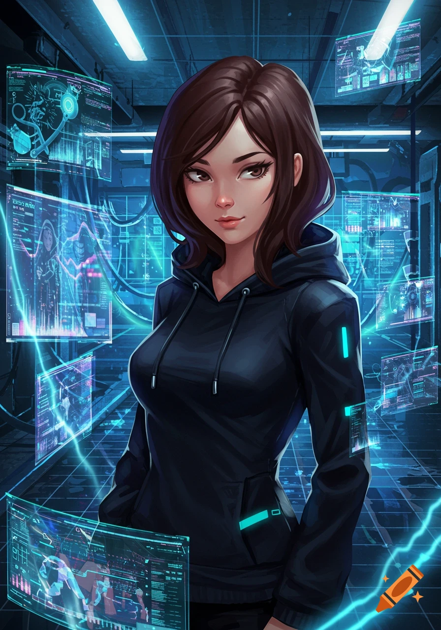 A young woman with brown hair in a black hoodie stands in a futuristic, dark room with glowing blue holographic screens and circuitry, digital art.