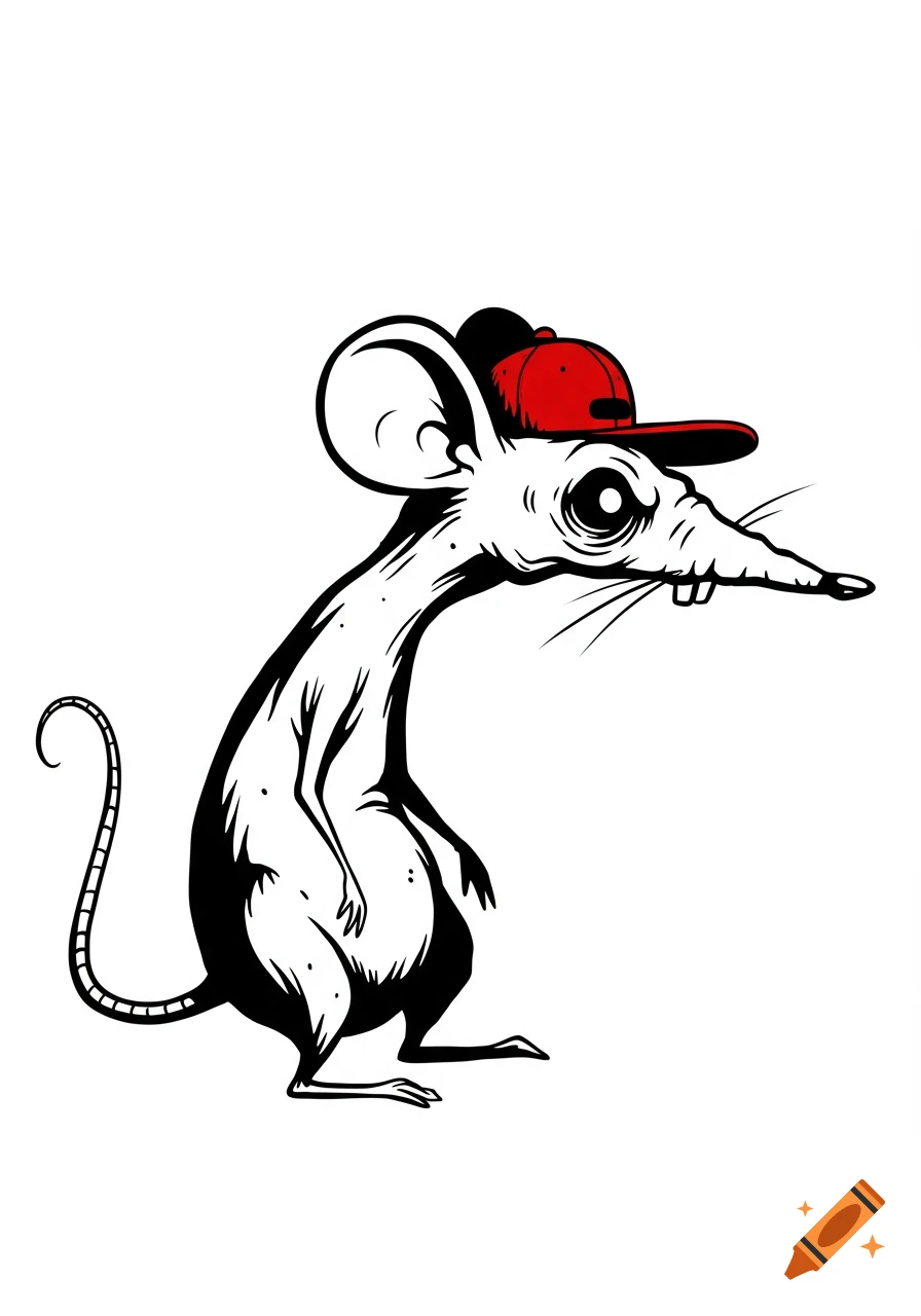 A stylized black and white vector illustration of an ugly, skinny mouse with large eyes and buck teeth, wearing a red baseball cap, in a side view.