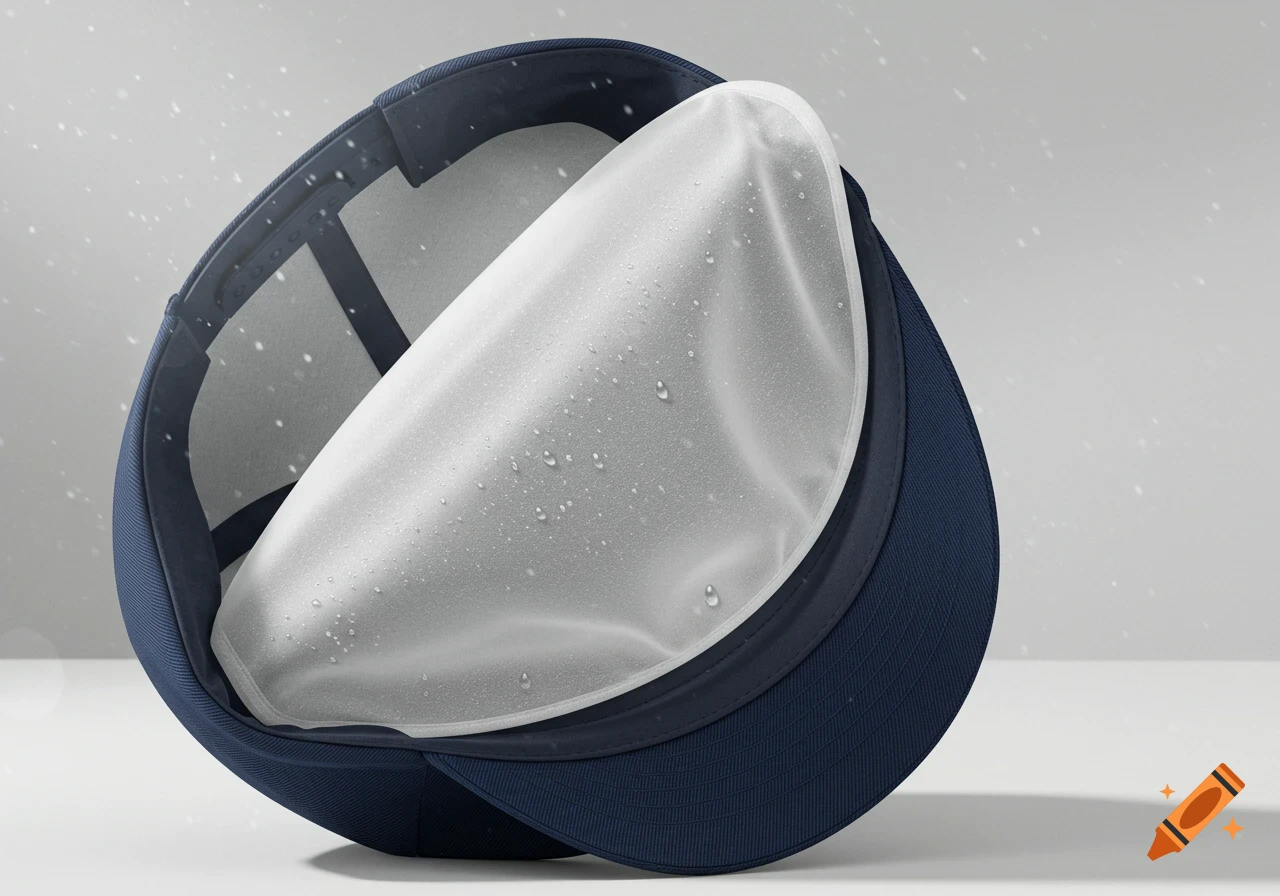 A dark blue baseball cap is shown upside down, revealing a white, translucent sweat-absorbing liner with water droplets inside.
