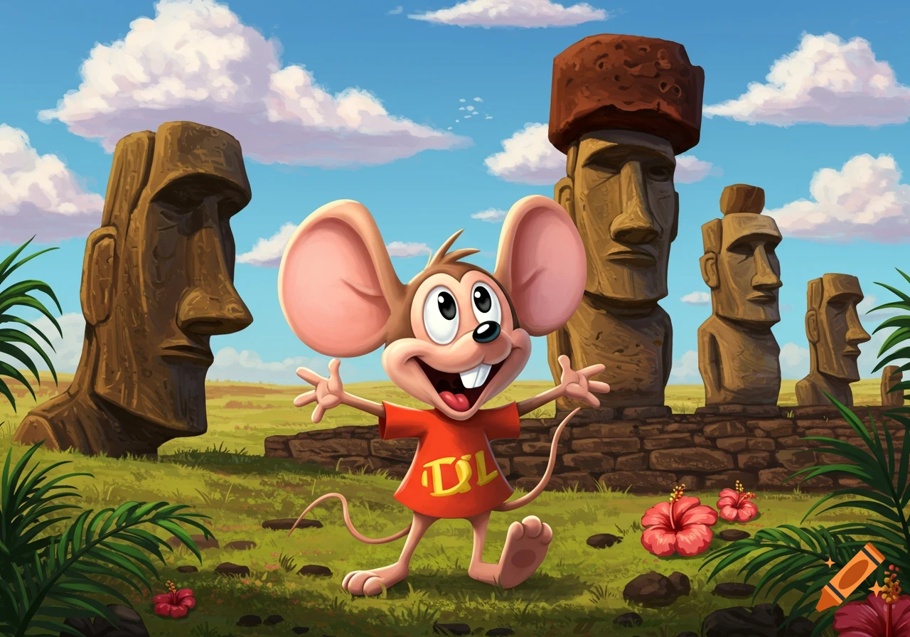 A cheerful cartoon Diddl mouse with big ears and a red shirt stands arms wide open among Moai statues on Easter Island under a blue sky.