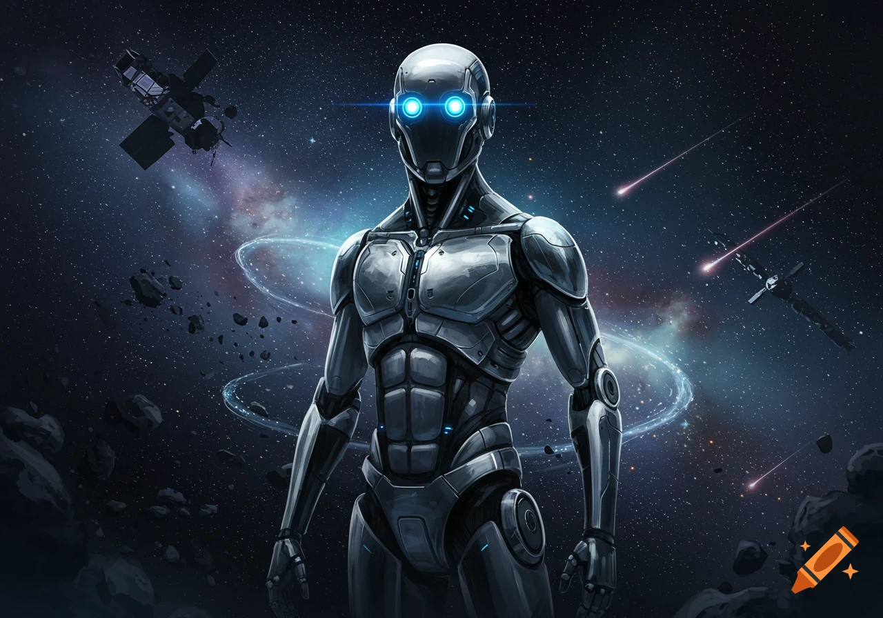 A futuristic metallic robot with glowing blue eyes stands in deep space, surrounded by nebulae, stars, asteroids, and spacecraft.