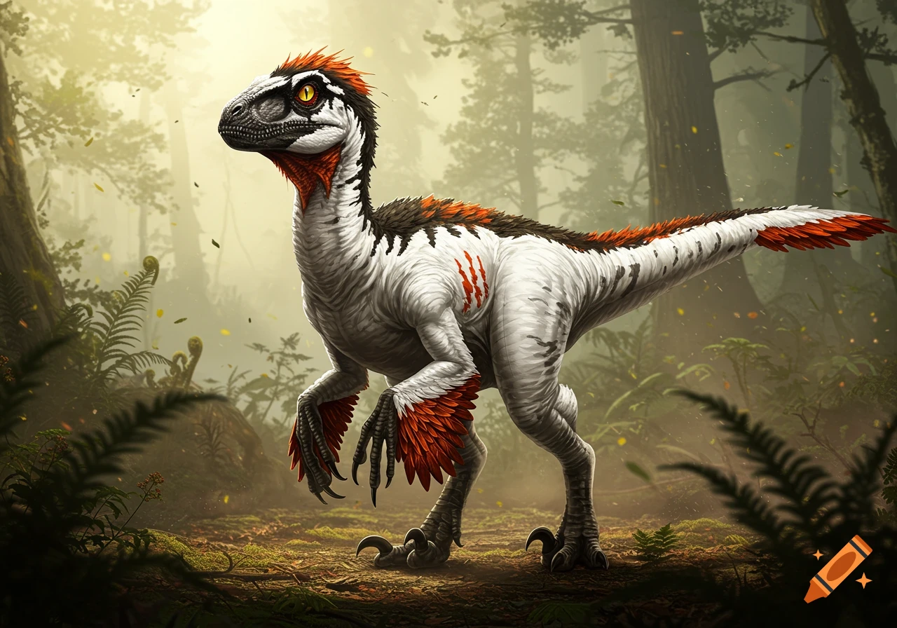 A white feathered raptor dinosaur with black and orange patterns and yellow eyes stands in a misty prehistoric forest.