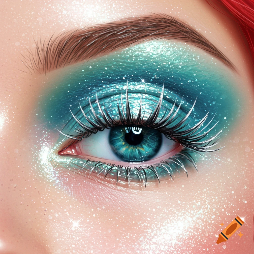 Close-up of an eye with sparkling teal and blue eyeshadow, long silver eyelashes, a blue iris, and a reddish-brown eyebrow, in a fantasy style.