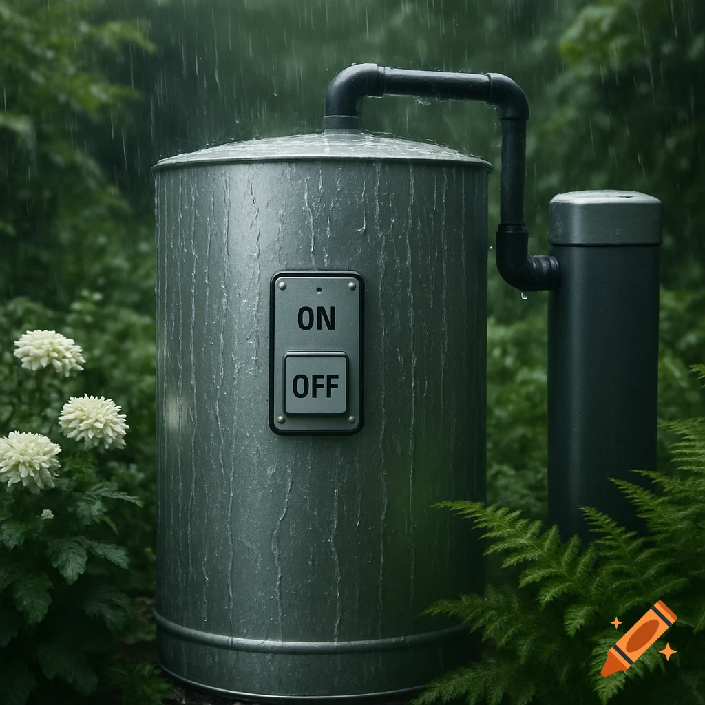 Photorealistic image of a metal water tank with ON/OFF buttons and a pipe, raining in a lush green garden with white flowers and ferns.