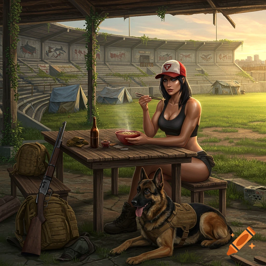 A woman eats noodles with a German Shepherd dog next to her, at a table in a ruined, overgrown baseball stadium with tents, digital painting.