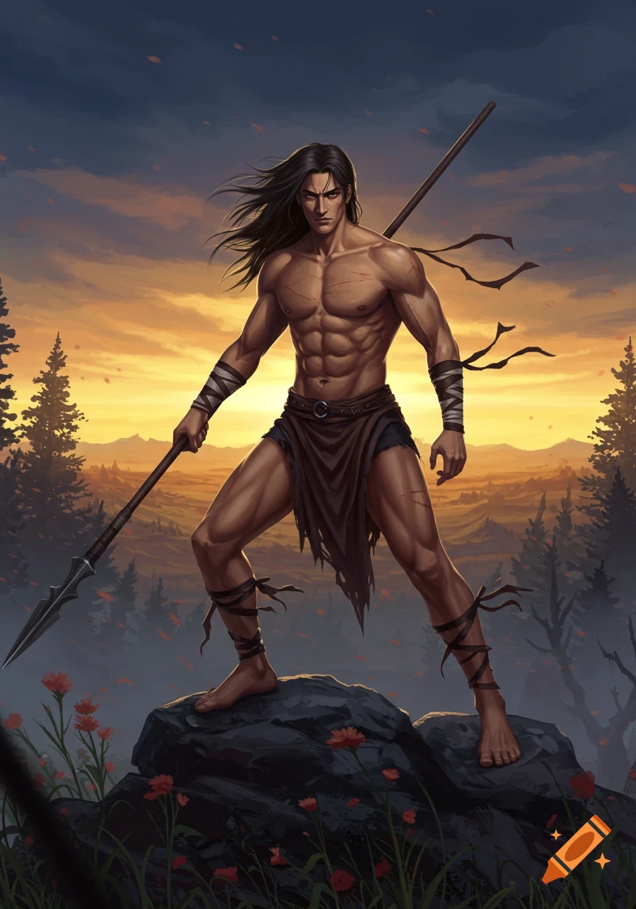 Muscular, long-haired fantasy warrior with a spear on a rock against a dramatic sunset over a forest.
