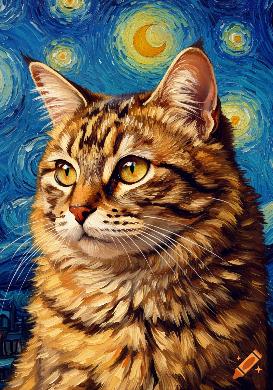 A close-up painting of a tabby cat looking left, rendered in the impasto, swirling style of Van Gogh, with a blue and yellow starry night sky background.
