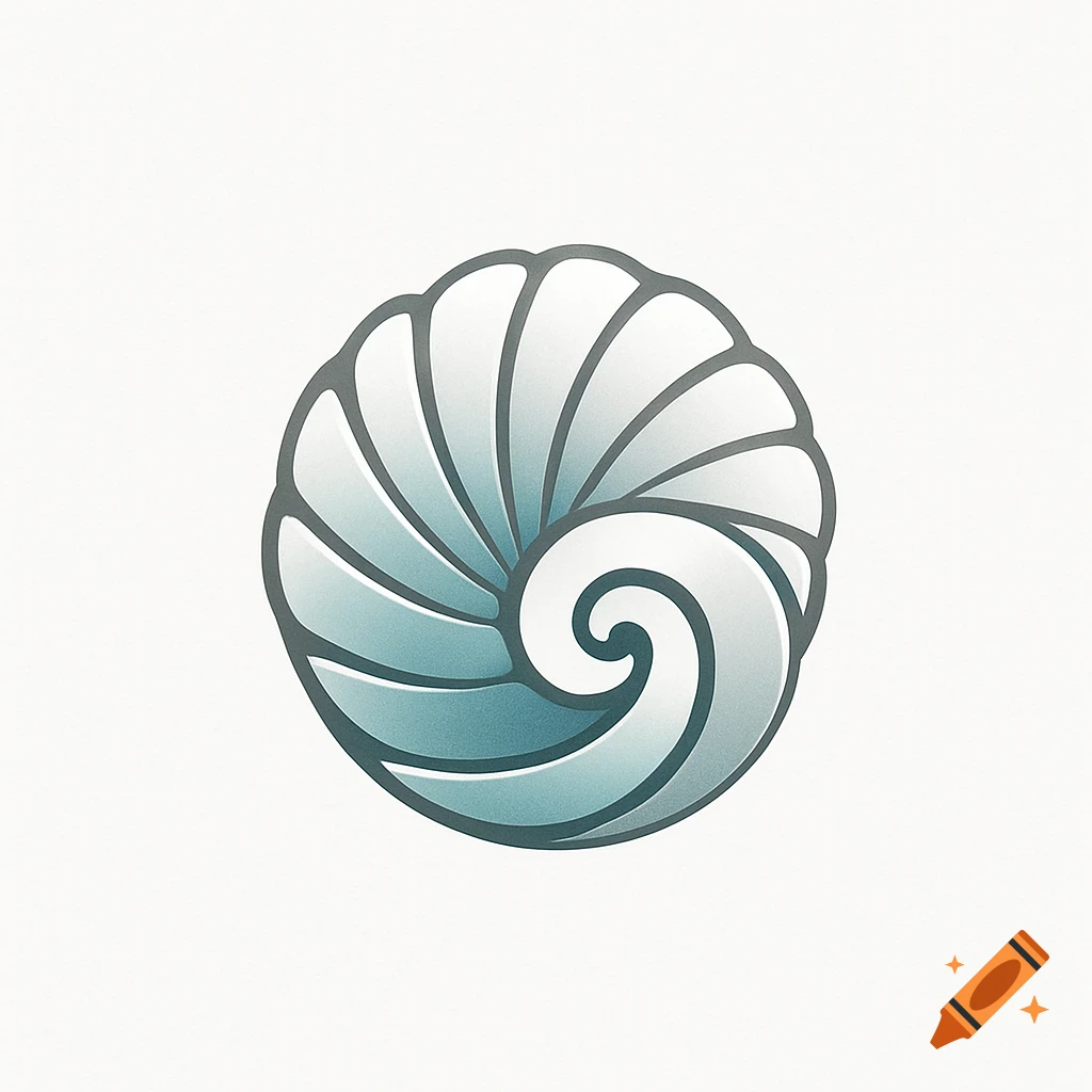 Stylized logo of a spiraling seashell in shades of blue and white on a white background.