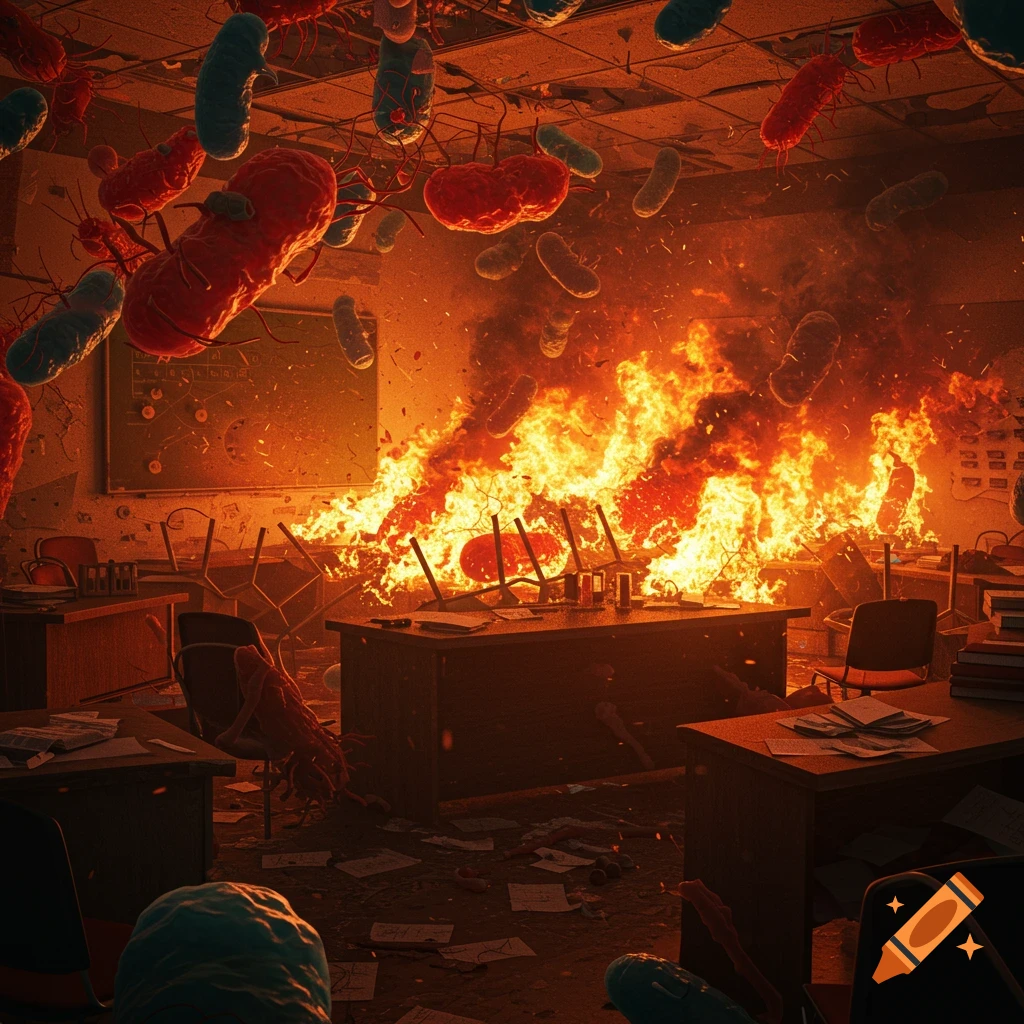 A destroyed seminar room engulfed in flames, with giant red and blue bacteria floating around, papers scattered on the floor.