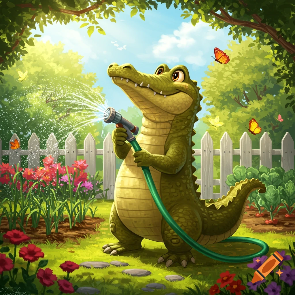 A cute cartoon alligator stands in a lush garden, happily watering colorful flowers with a green hose under a sunny sky.