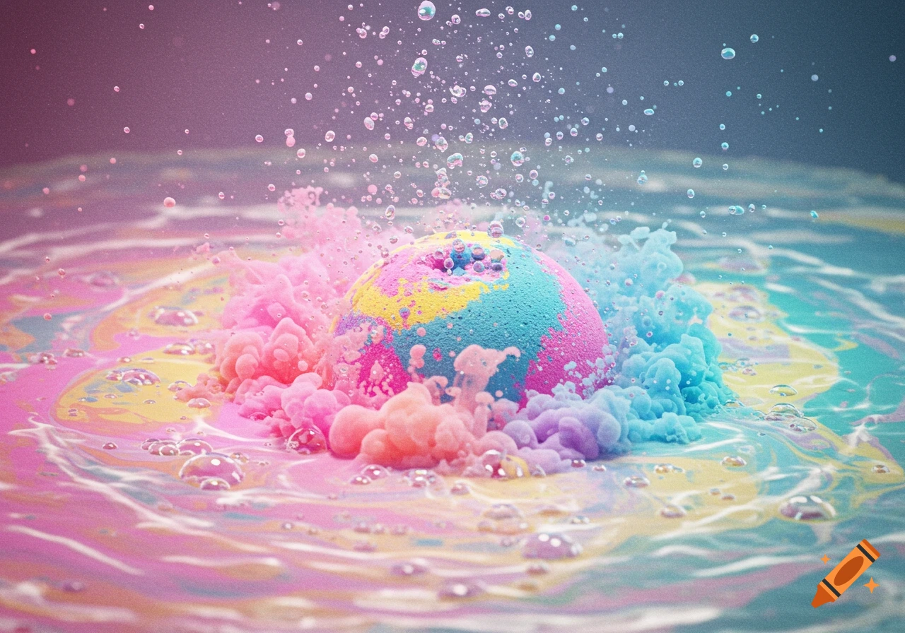 A vibrant, multi-colored bath bomb fizzes intensely in water, creating pink and blue splashes, swirling colors, and many bubbles.