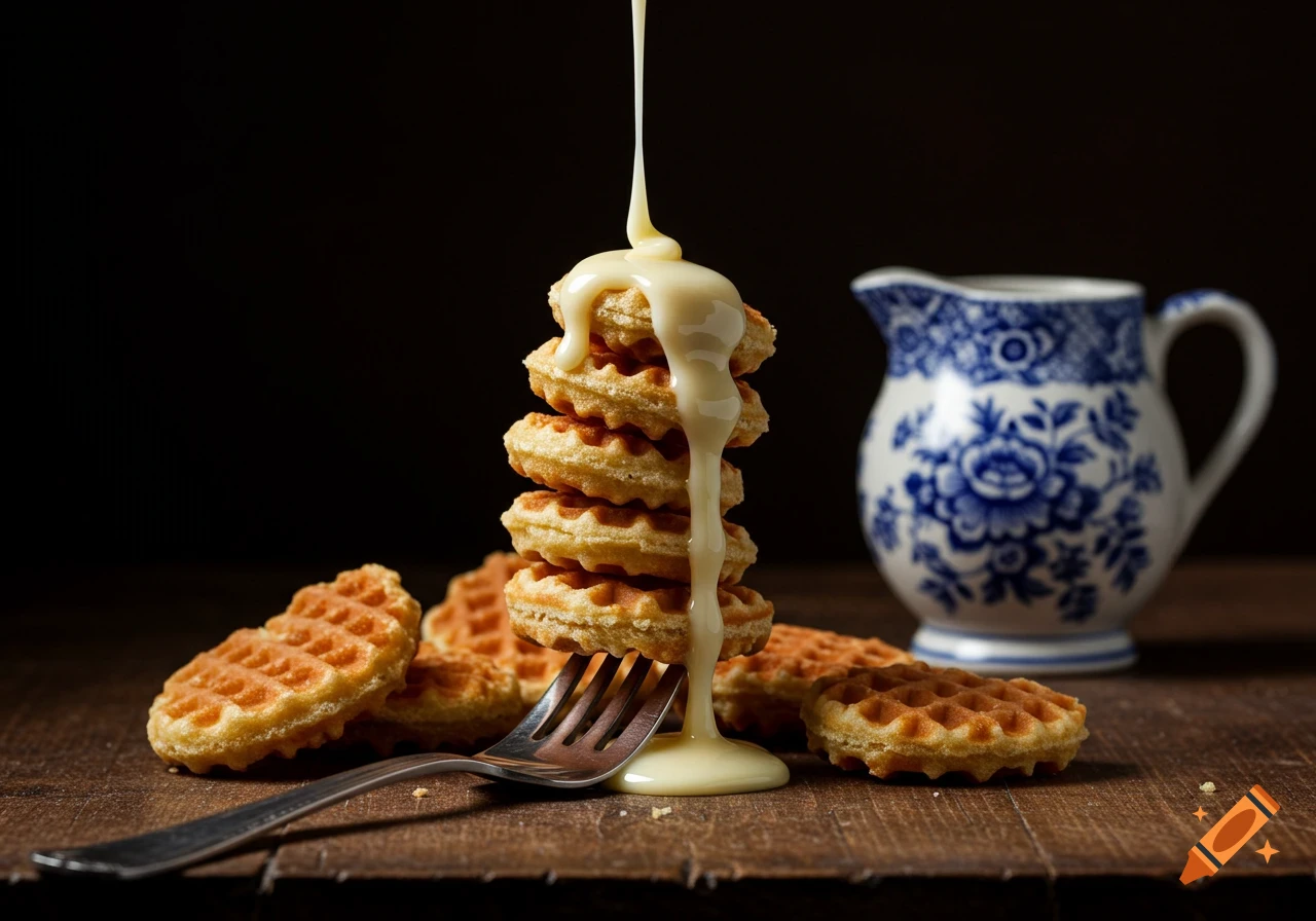 A stack of mini waffles on a fork, drizzled with vanilla sauce, with a blue and white pitcher in the background.