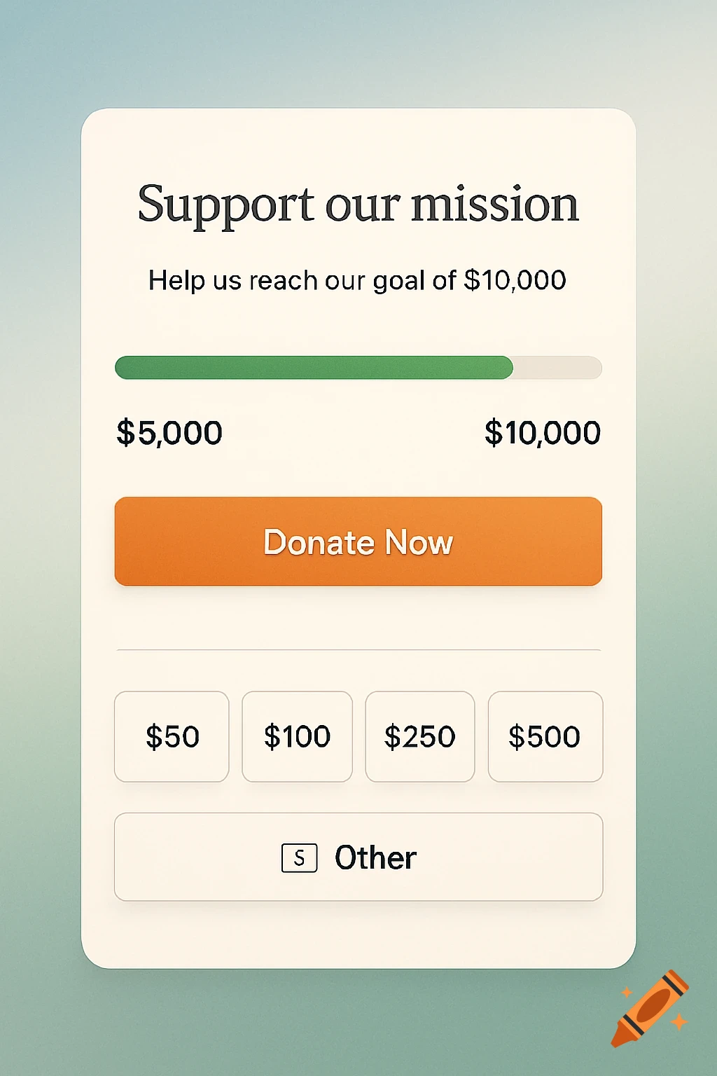 A clean user interface for a donation page with a goal of $10,000, showing $5,000 raised and a 'Donate Now' button.