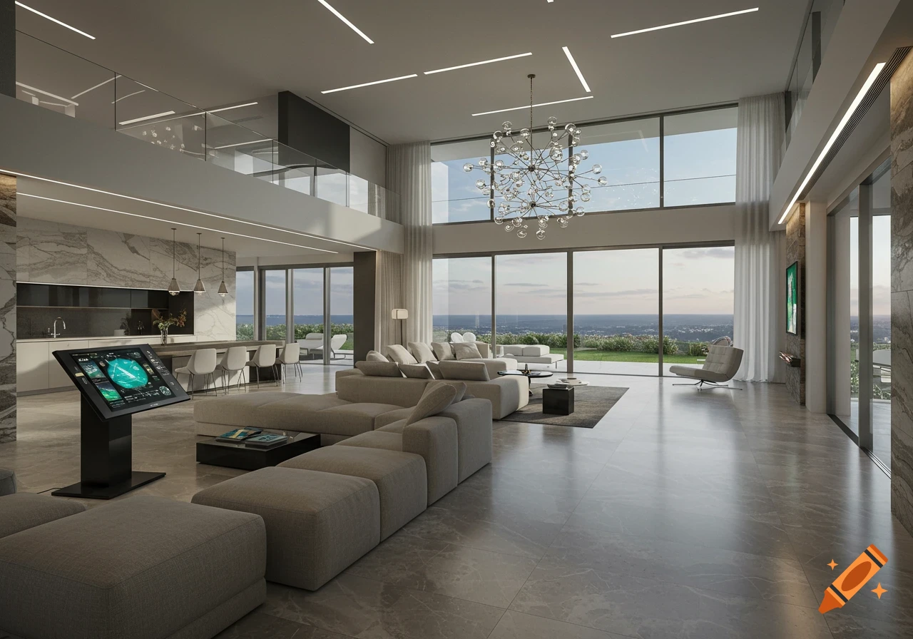 Photorealistic interior of a gigantic, modern luxury villa with a large digital display and floor-to-ceiling windows overlooking a landscape.
