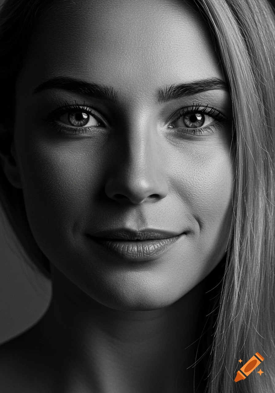 A black and white close-up portrait of a young woman with a subtle smile, illuminated by studio lighting.