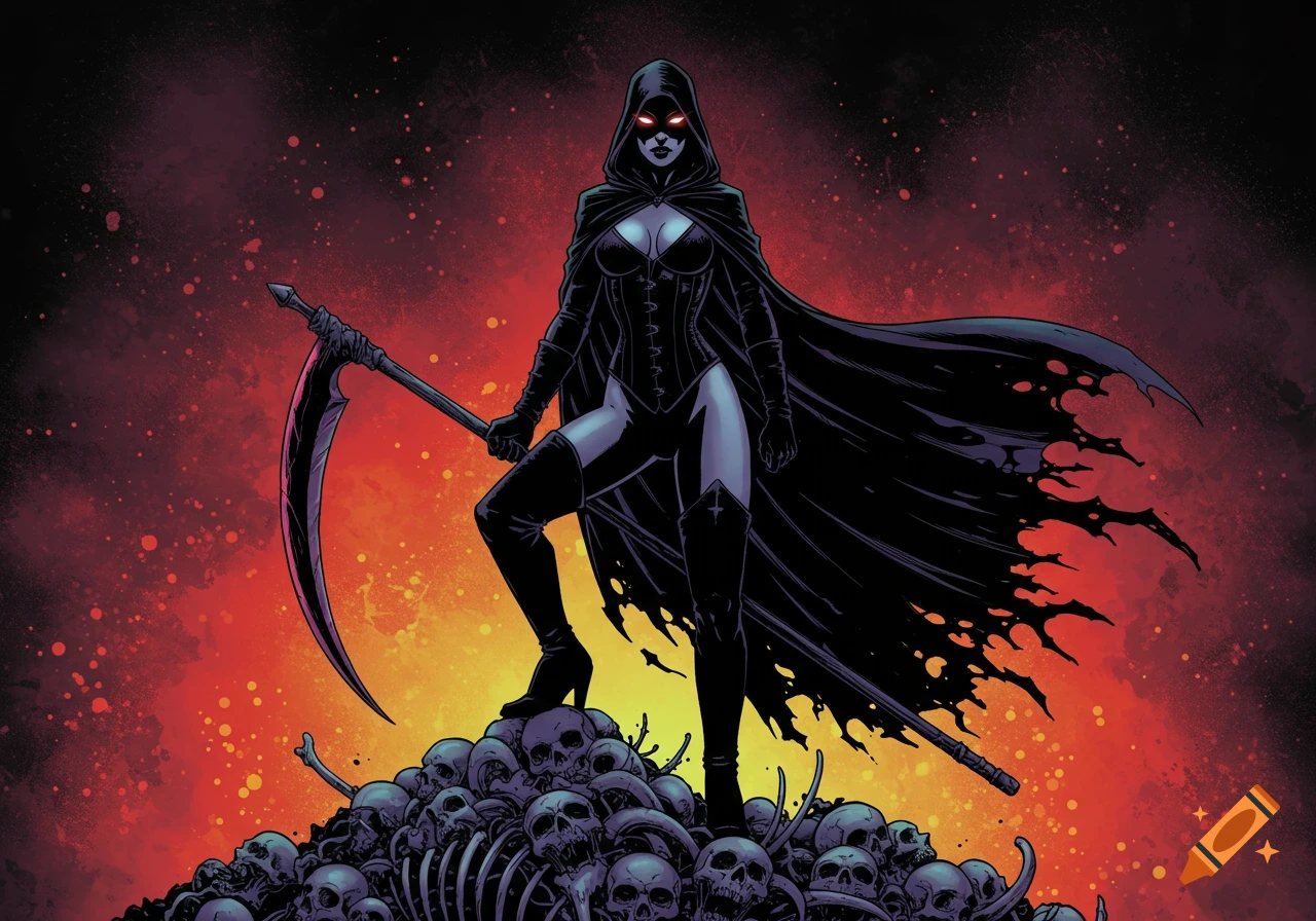 A hooded, cloaked woman with glowing red eyes stands on a pile of skulls, holding a scythe, against a vibrant red and orange background in a comic book style.