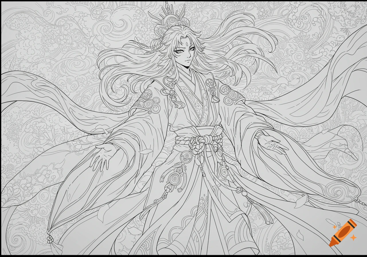 Anime line art of a long-haired male character in ornate, flowing robes and a crown, with outstretched hands and a patterned background.