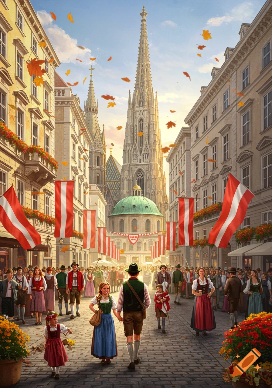 A vibrant street scene in Vienna during autumn, with people in traditional Austrian attire and flags adorning buildings, under a sunny sky with falling leaves. St. Stephen's Cathedral is in the background.