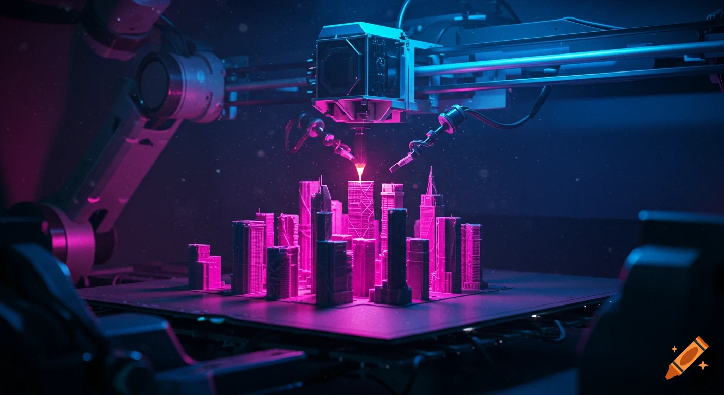 A futuristic 3D printer creating a miniature city skyline, illuminated with vibrant neon pink and blue lights.