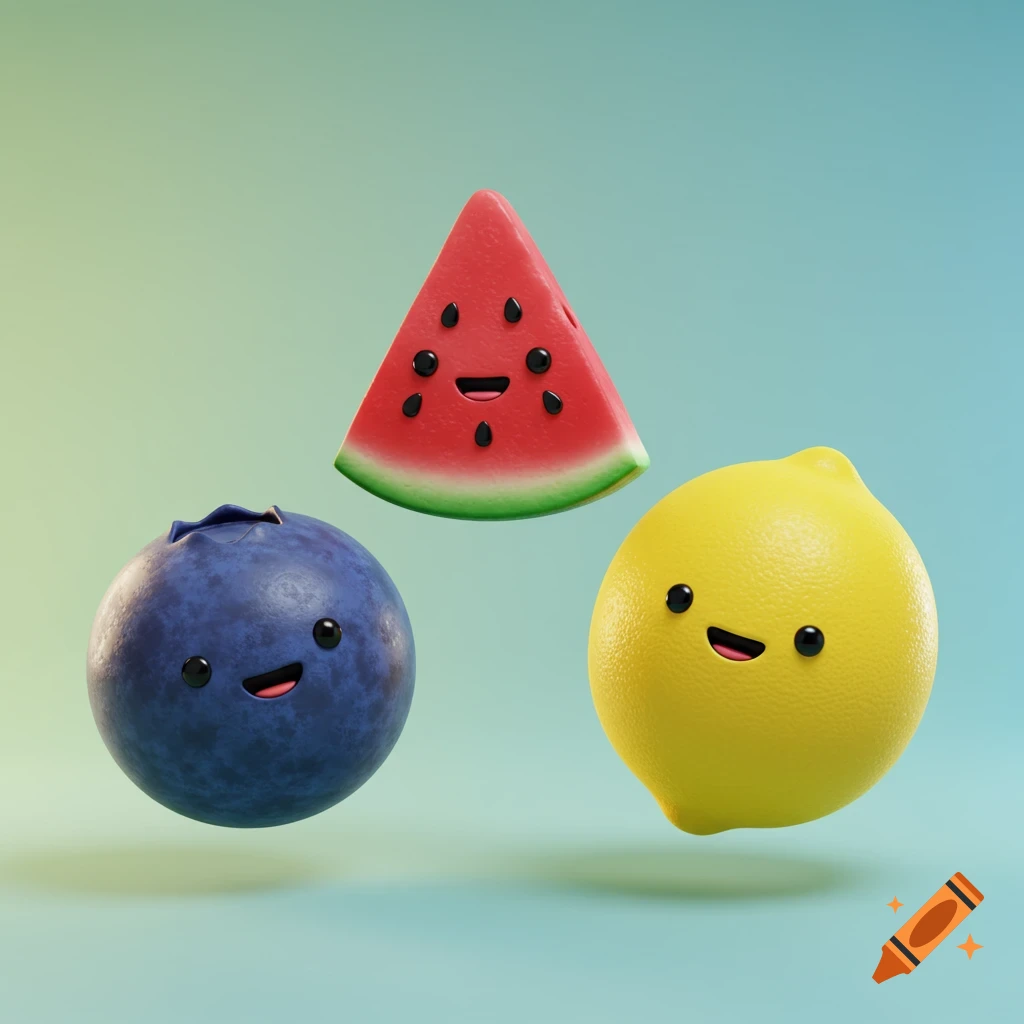 A smiling 3D blueberry, watermelon slice, and lemon float against a gradient blue-green background.