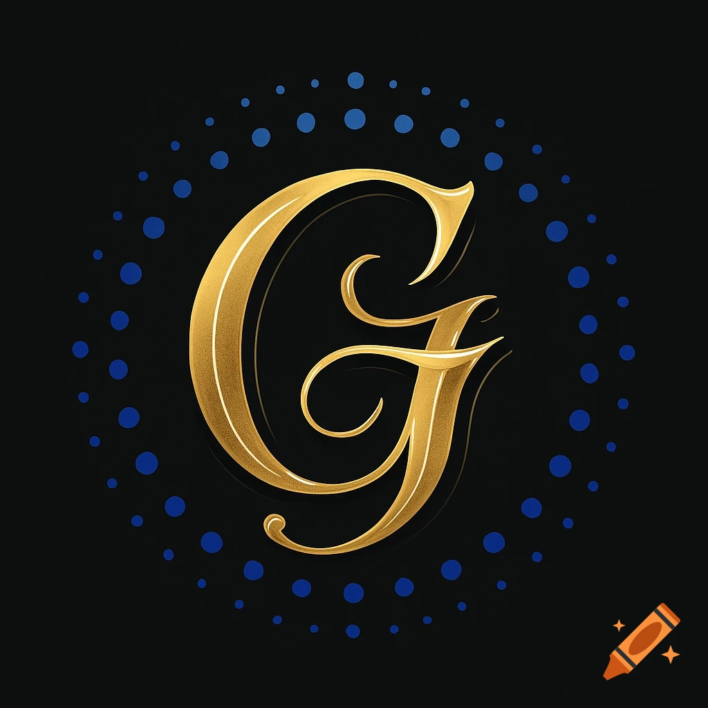 A golden, ornate letter G with shadow and texture, surrounded by a semi-circle of small blue dots on a black background.