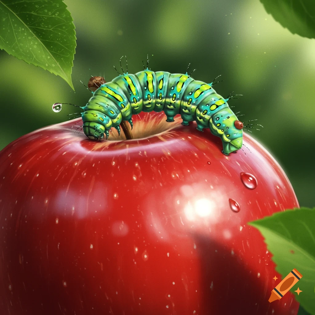 A vibrant green and yellow caterpillar with spikes crawls on a dewy red apple, with green leaves in the background.