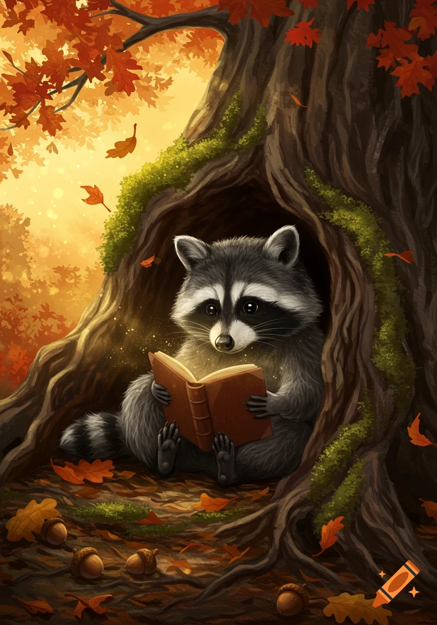 A cute raccoon sits in an autumn tree hollow, reading a glowing book amidst fallen leaves and acorns, in an illustrative style.