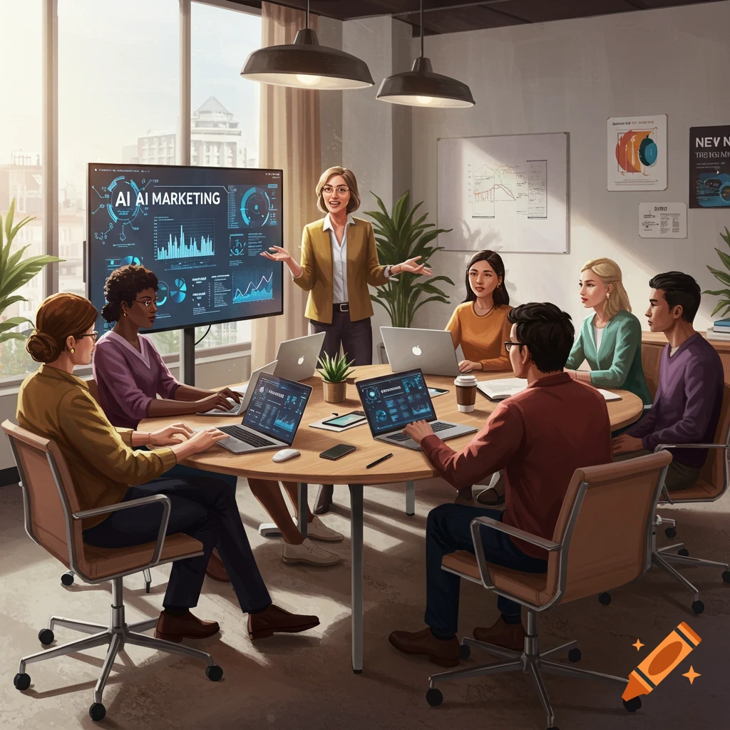 A group of professionals in a modern office meeting, discussing AI marketing with charts on a large screen.