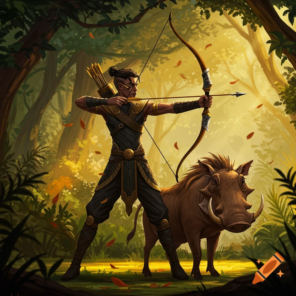 An illustrated archer in yellow and black armor draws a bow, with a warthog beside them in a vibrant forest.