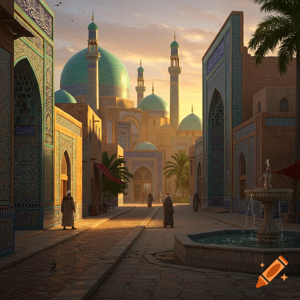 A photorealistic Middle Eastern city street with grand mosques, turquoise domes, ornate tilework, and a fountain at sunset.