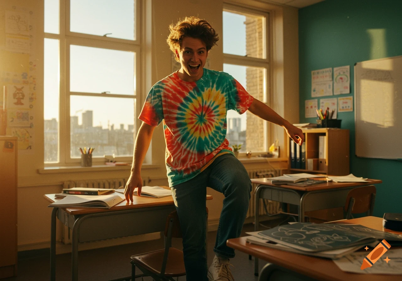 A young man with messy hair and a tie-dye shirt stands on a desk in a sunlit classroom, grinning mischievously.