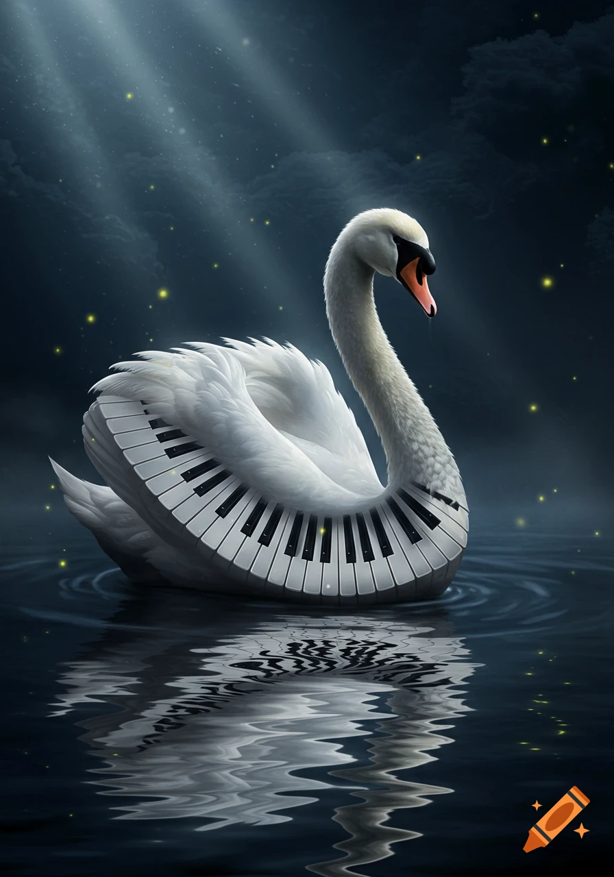 A majestic white swan with piano keys integrated into its body floats on dark, reflective water under a starry sky.