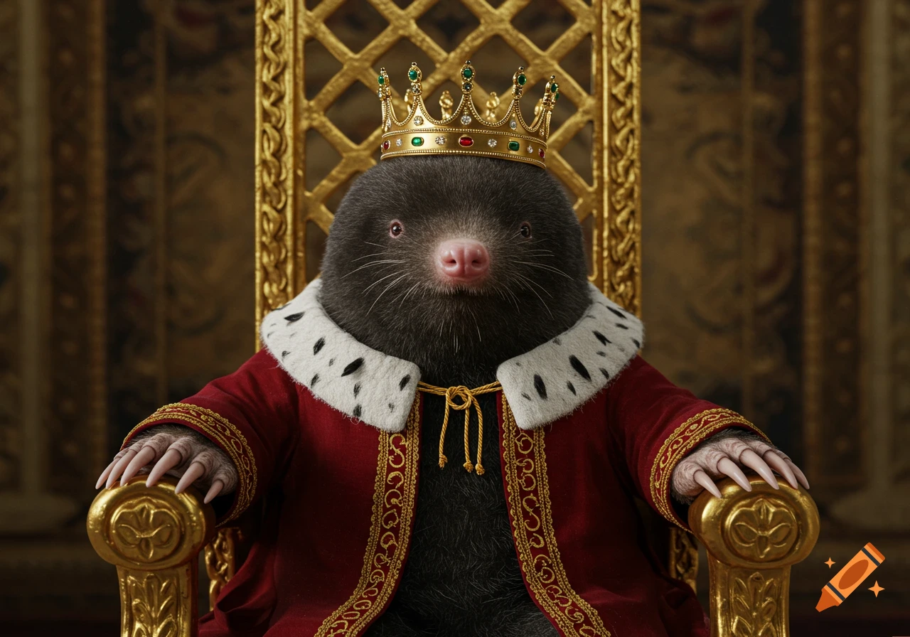 A photorealistic close-up of a mole king sitting regally on a golden throne, wearing a red and gold royal robe and a jeweled golden crown.