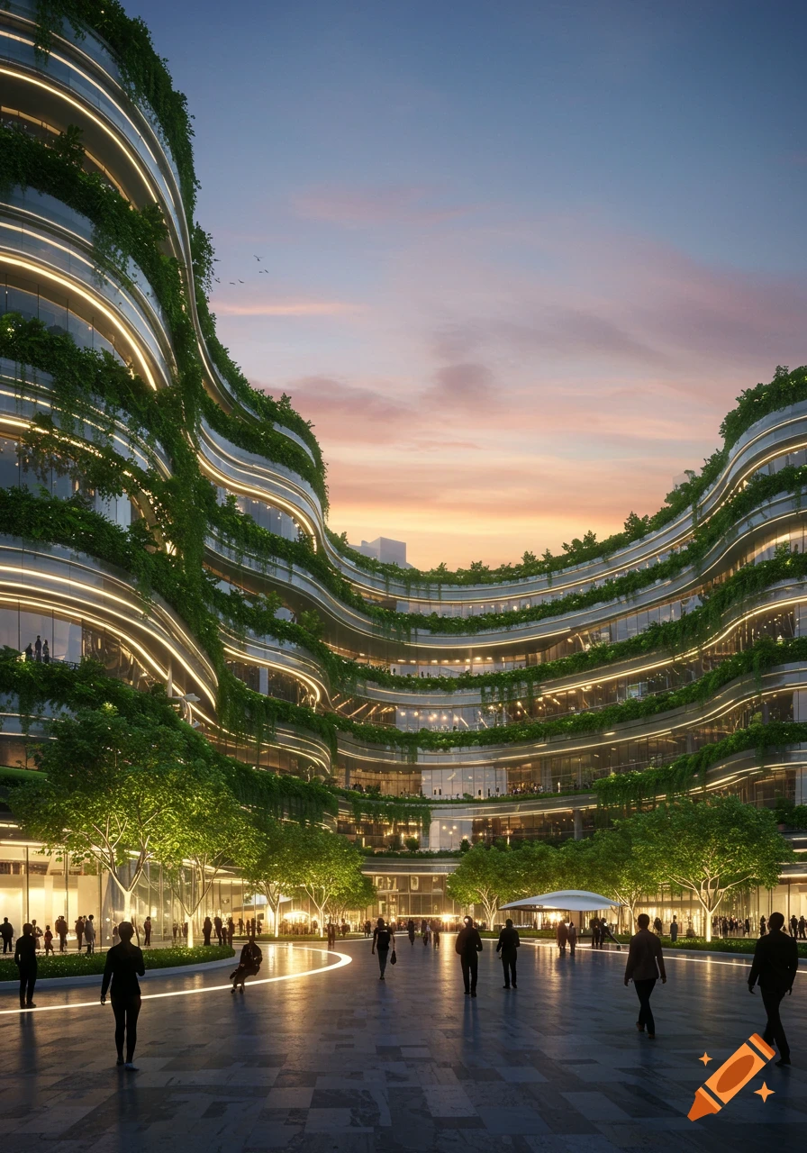 Photorealistic image of a futuristic green building with curved, plant-covered facades and illuminated balconies at dusk, with people walking in a plaza.