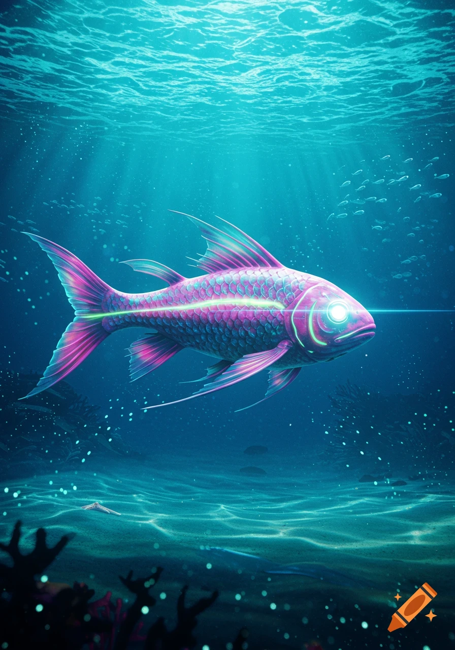 A vibrant, glowing pink and blue laser fish swims in a deep blue underwater environment with light rays.