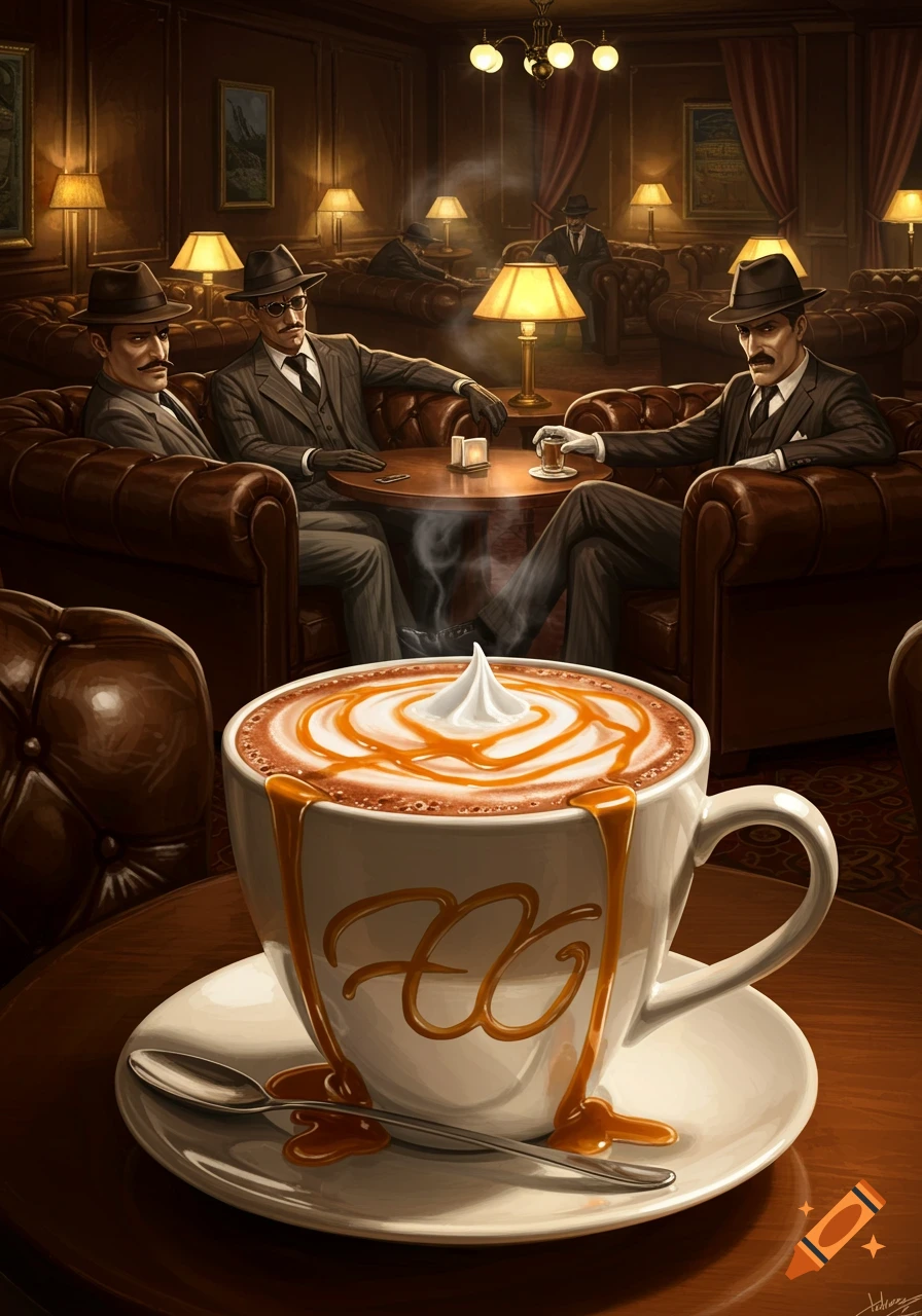 An artistic rendering of a caramel-drizzled hot chocolate with whipped cream in the foreground, with several men in suits and fedoras sitting in a dimly lit, luxurious lounge with leather armchairs in the background.