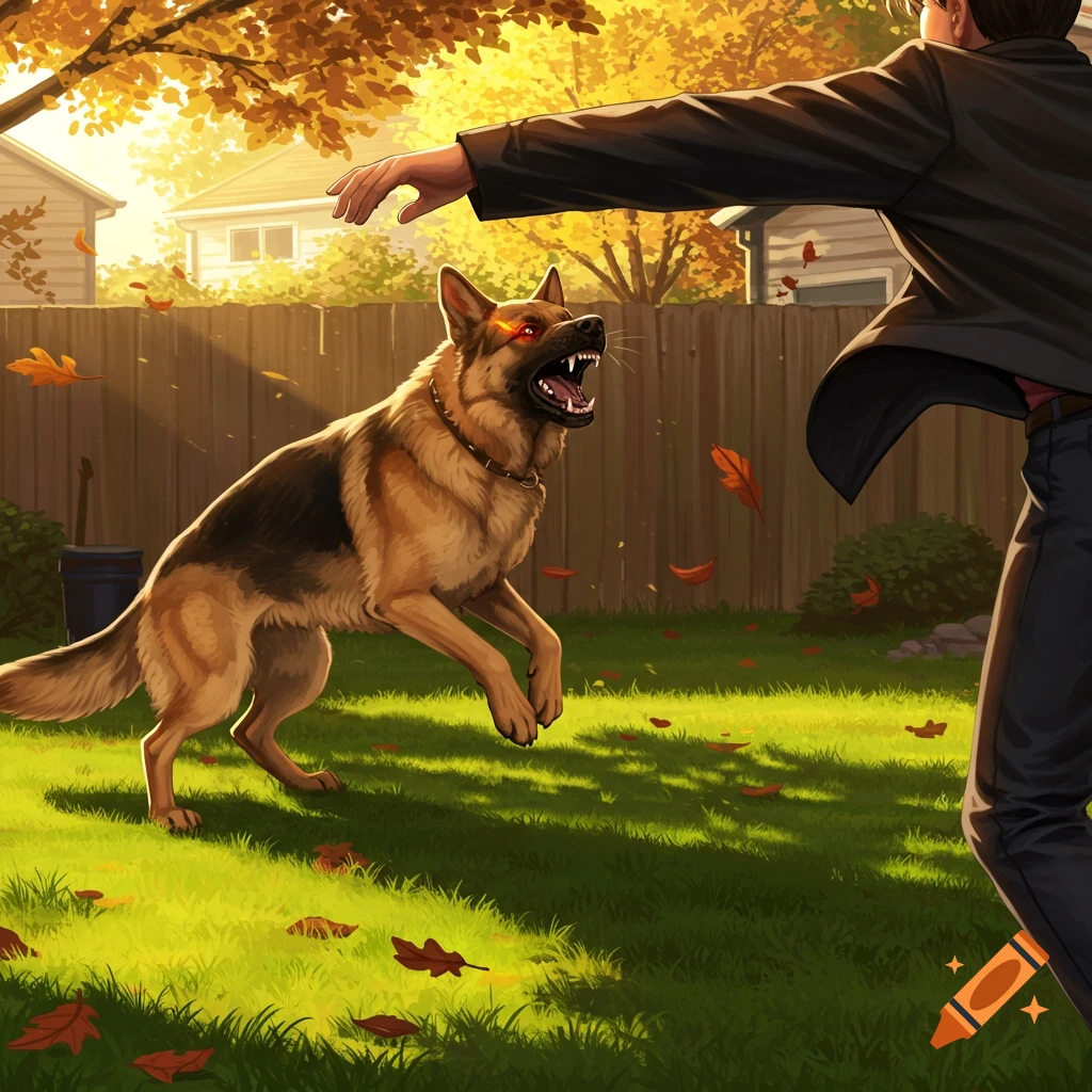 An aggressive German Shepherd dog with glowing red eyes lunges at a person in a sunny backyard with autumn leaves, illustration.