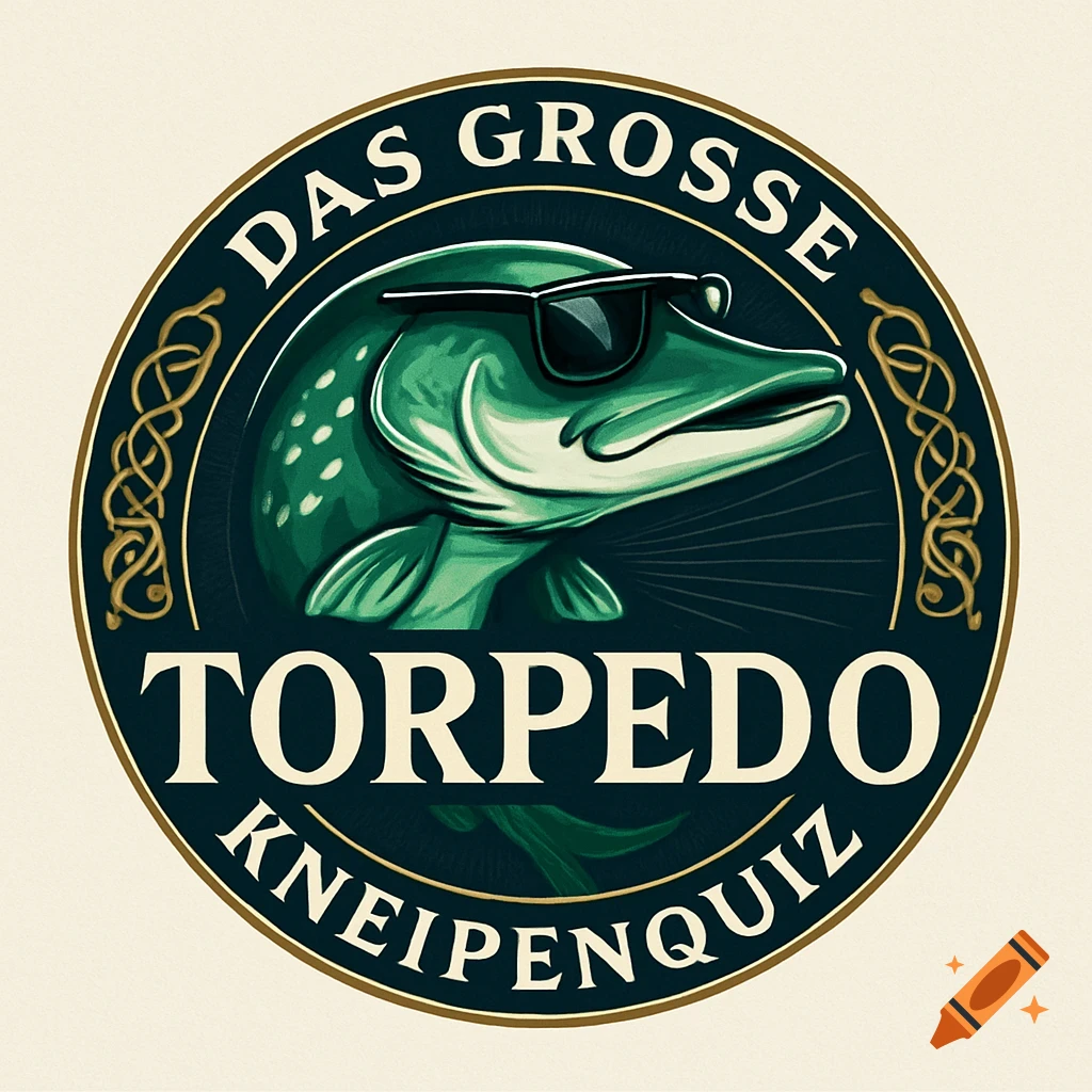 Circular logo with a green pike in sunglasses, text 'DAS GROSSE TORPEDO KNEIPENQUIZ' on a dark blue background with gold accents.