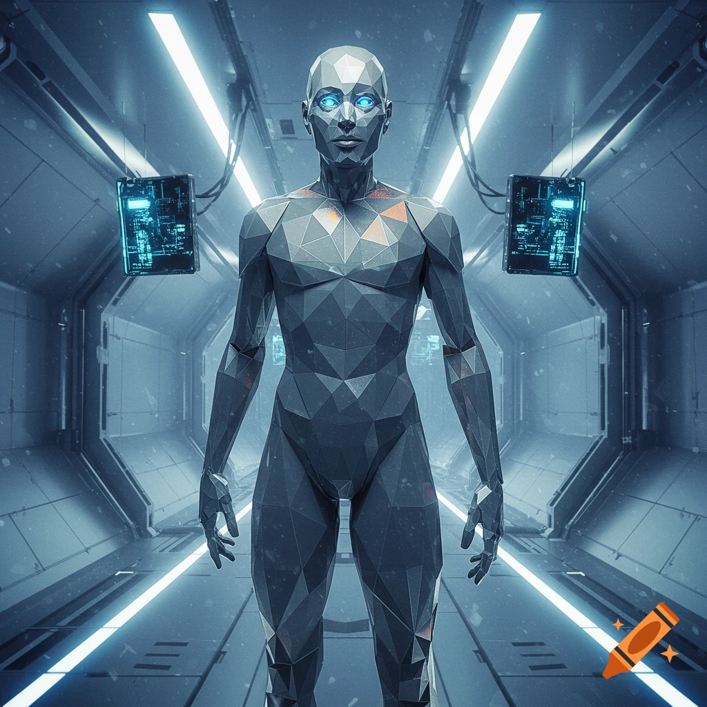 A geometric humanoid robot with glowing blue eyes stands in a futuristic, blue-lit corridor.