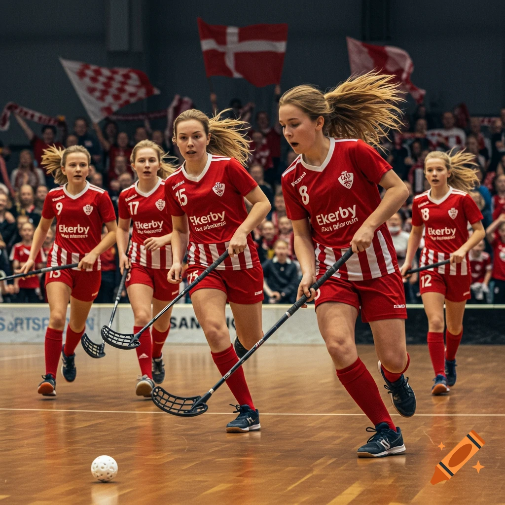 A team of young female floorball players in red and white uniforms run on a wooden court, with a white ball in the foreground and blurred spectators and flags in the background.