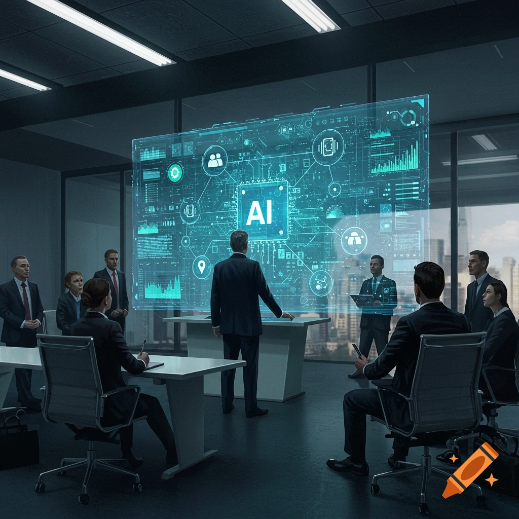 Business professionals in a modern boardroom observe a man presenting an interactive holographic AI display with data.