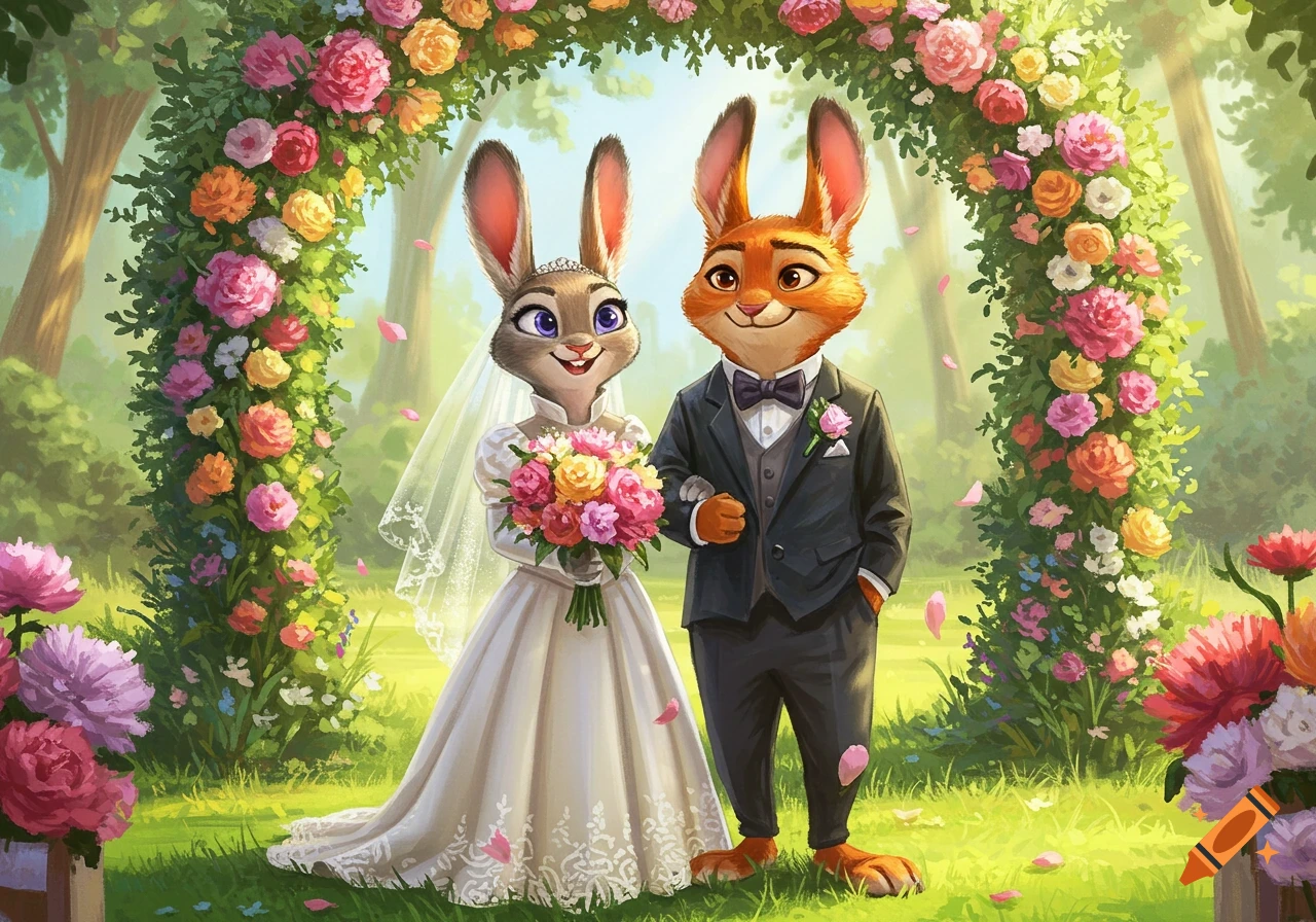 A rabbit in a wedding gown holding a bouquet stands arm-in-arm with an orange fox in a tuxedo under a floral arch at an outdoor wedding.