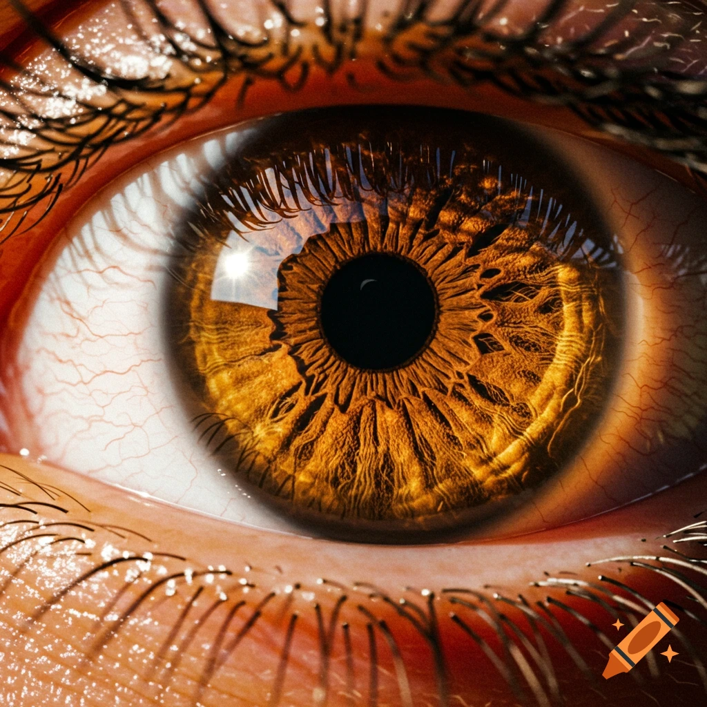 A highly detailed, photorealistic close-up of an amber human eye with a bright reflection of the sun.