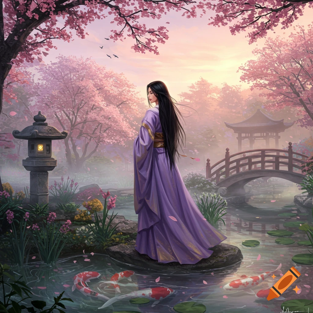 A woman in a purple kimono stands on a rock in a serene Japanese garden with cherry blossoms, koi fish, and a bridge at sunset.