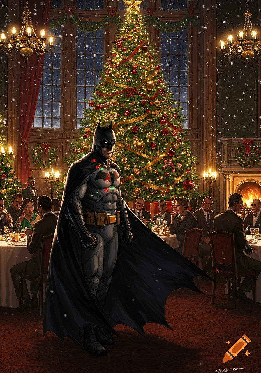 Batman stands heroically in a lavish ballroom filled with Christmas decorations, a grand tree behind him, snow falling outside.